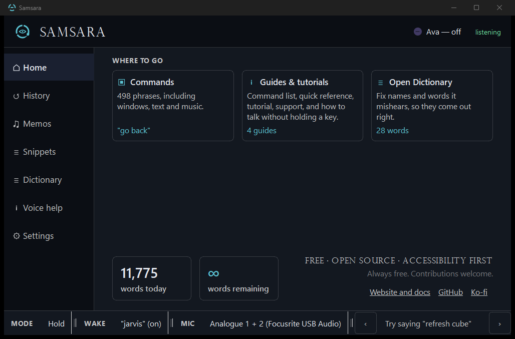 The Samsara Home window: a sidebar with Home, History, Memos, Snippets, Dictionary, Voice help and Settings; three cards for Commands, Guides and tutorials, and Open Dictionary; a words-today counter; and a status bar showing the mode, wake word and microphone (dark theme)