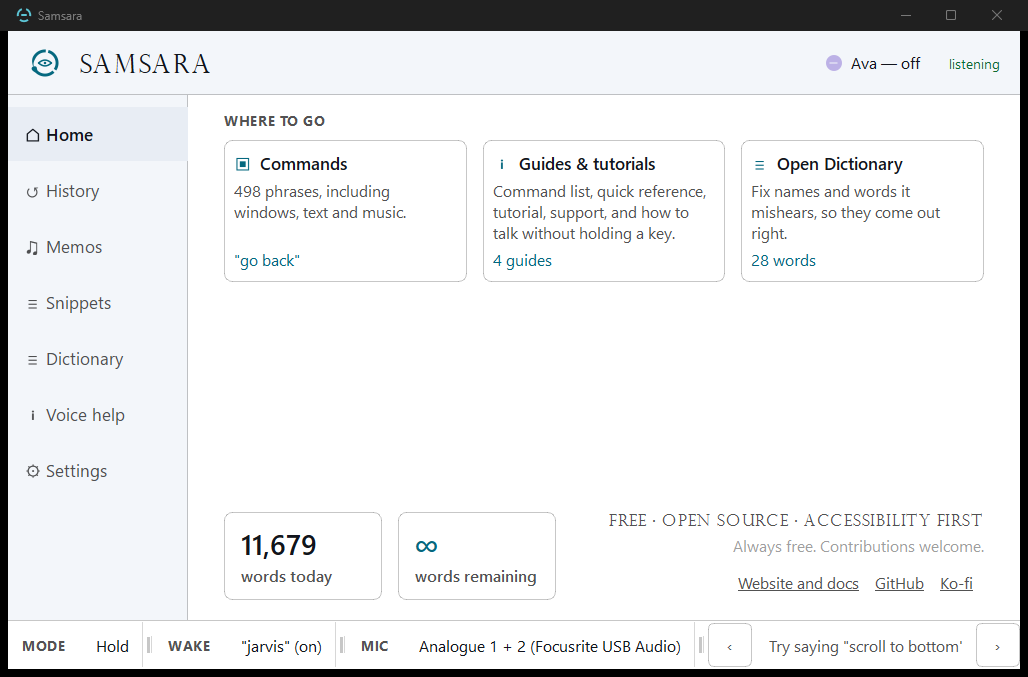 The Samsara Home window: a sidebar with Home, History, Memos, Snippets, Dictionary, Voice help and Settings; three cards for Commands, Guides and tutorials, and Open Dictionary; a words-today counter; and a status bar showing the mode, wake word and microphone