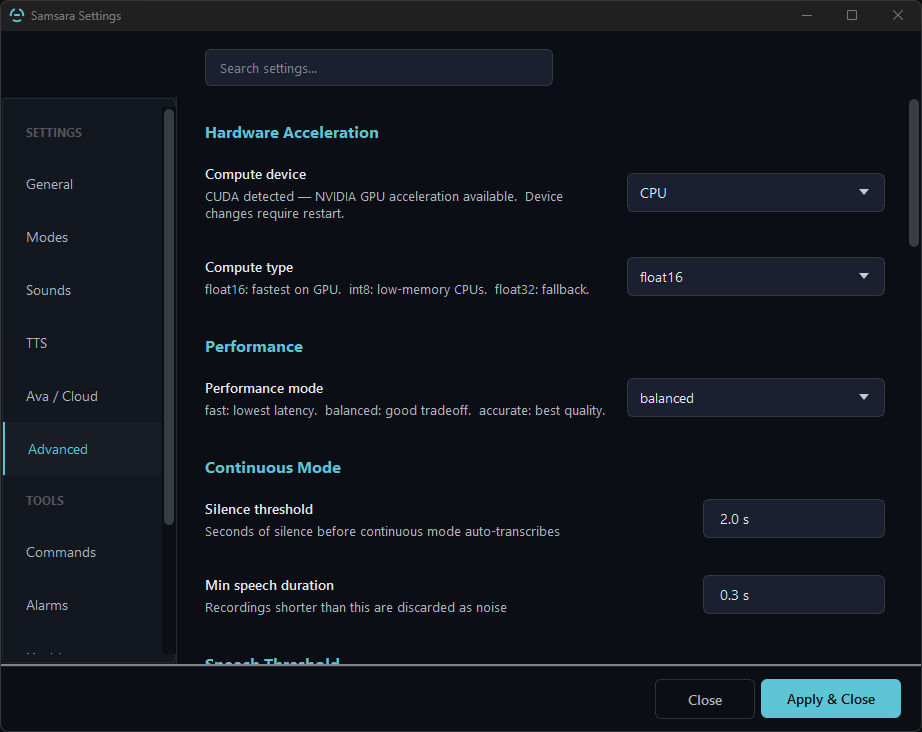 Samsara Settings open on the Advanced tab: compute device and compute type under Hardware Acceleration, the balanced performance mode, and the continuous-mode silence threshold and minimum speech duration