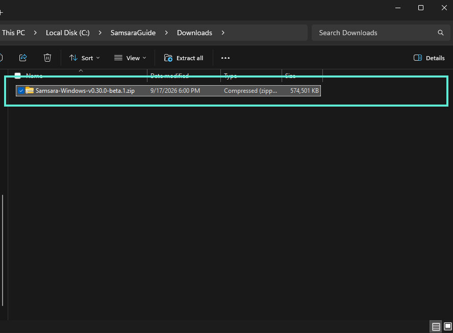 A File Explorer window open at the Downloads folder. One file is listed, Samsara-Windows-v0.30.0-beta.1.zip, 574,501 KB, and it is outlined to show which file to use.