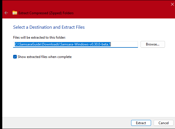 The Windows dialog titled Extract Compressed (Zipped) Folders. It shows the destination folder in a text box with a Browse button, a ticked checkbox reading Show extracted files when complete, and Extract and Cancel buttons at the bottom.