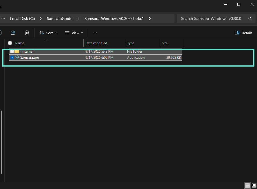 A File Explorer window open at the extracted folder Samsara-Windows-v0.30.0-beta.1. Samsara.exe is listed and outlined, with the _internal folder beside it.