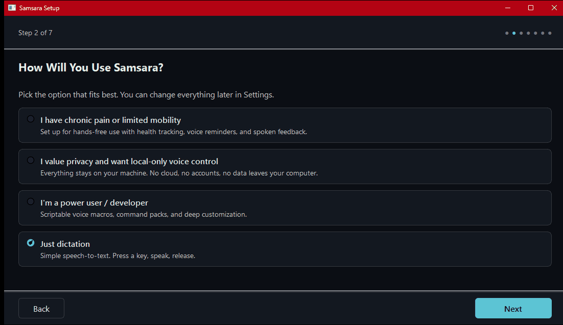 Samsara Setup, step 2 of 7, How Will You Use Samsara? A list of usage profiles to choose between, each with a short description, and Back and Next buttons.