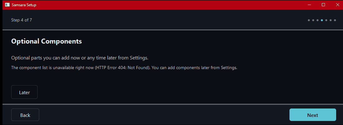 Samsara Setup, step 4 of 7, Optional Components. A list of optional extras that can be installed now or added later from Settings.