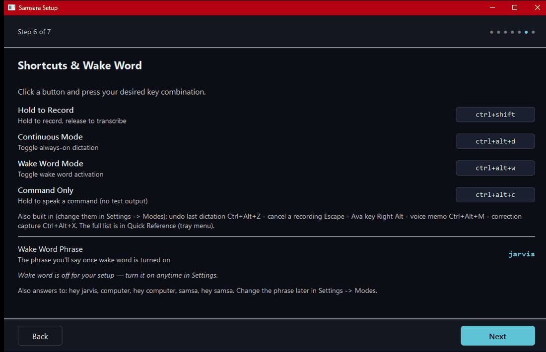 Samsara Setup, step 6 of 7, Shortcuts and Wake Word. Fields for the record shortcut, the continuous shortcut, the wake word key and the wake phrase, each editable.