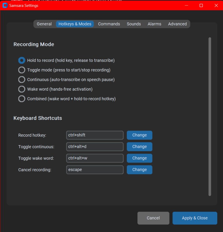 Samsara Settings - Hotkeys & Modes